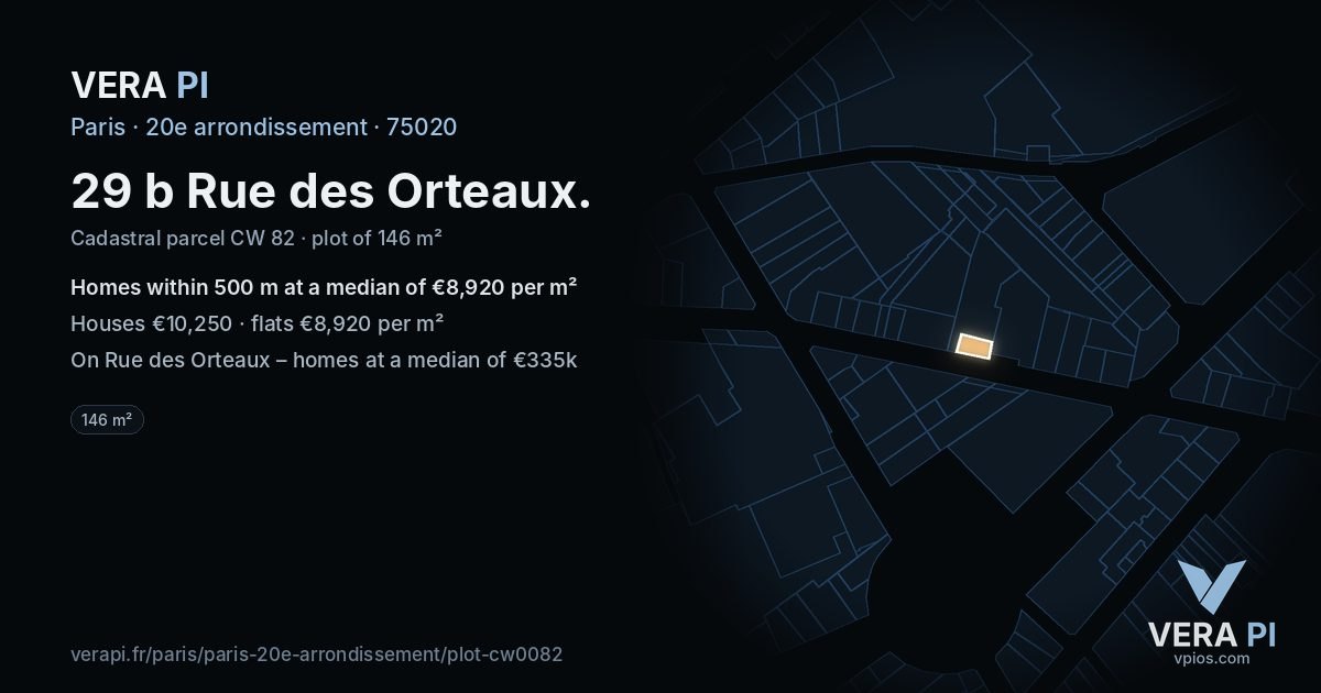 29 b Rue des Orteaux, 20e arrondissement at night – the plot lit, the parcels around coloured by the prices near them