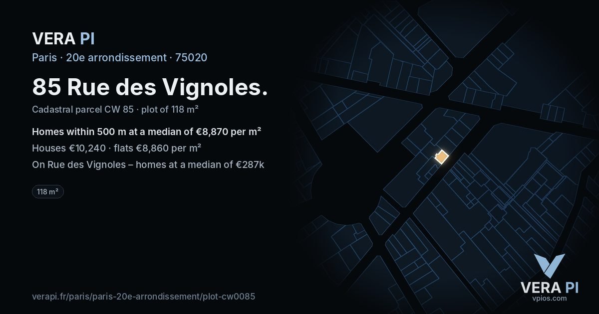 85 Rue des Vignoles, 20e arrondissement at night – the plot lit, the parcels around coloured by the prices near them
