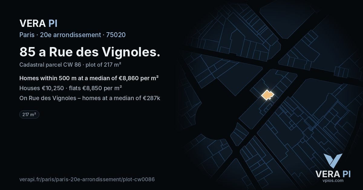 85 a Rue des Vignoles, 20e arrondissement at night – the plot lit, the parcels around coloured by the prices near them