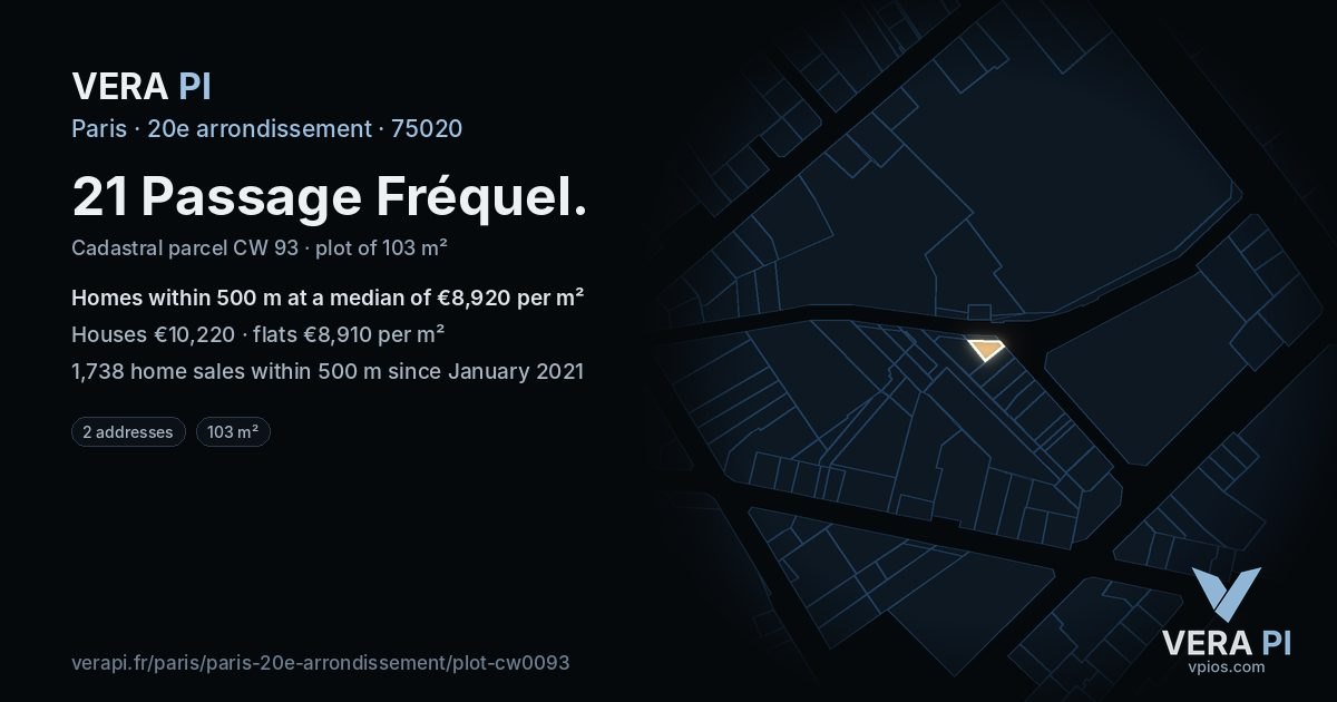 21 Passage Fréquel, 20e arrondissement at night – the plot lit, the parcels around coloured by the prices near them