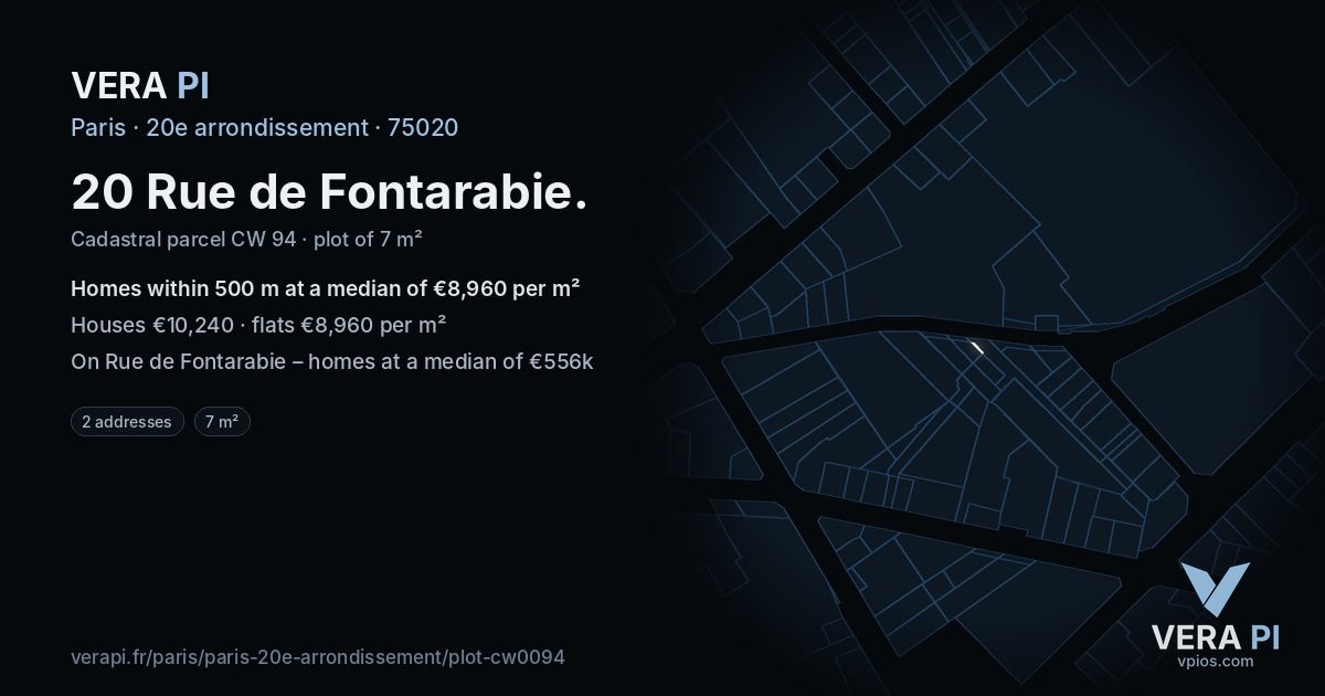 20 Rue de Fontarabie, 20e arrondissement at night – the plot lit, the parcels around coloured by the prices near them
