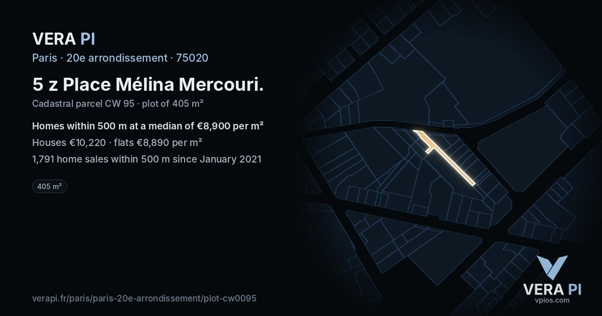 5 z Place Mélina Mercouri, 20e arrondissement at night – the plot lit, the parcels around coloured by the prices near them