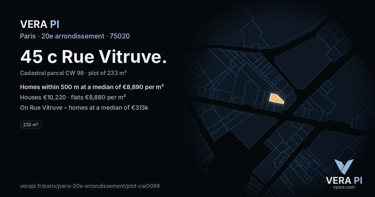 45 c Rue Vitruve, 20e arrondissement at night – the plot lit, the parcels around coloured by the prices near them