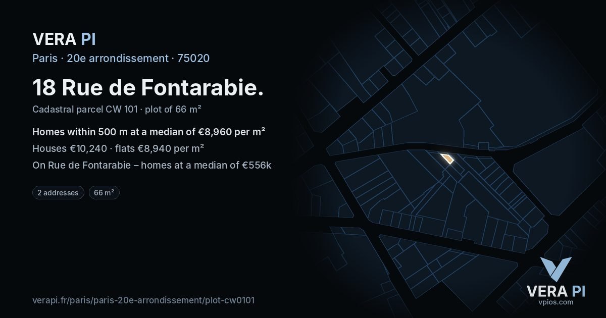 18 Rue de Fontarabie, 20e arrondissement at night – the plot lit, the parcels around coloured by the prices near them