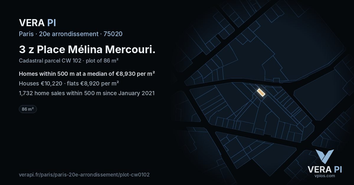 3 z Place Mélina Mercouri, 20e arrondissement at night – the plot lit, the parcels around coloured by the prices near them