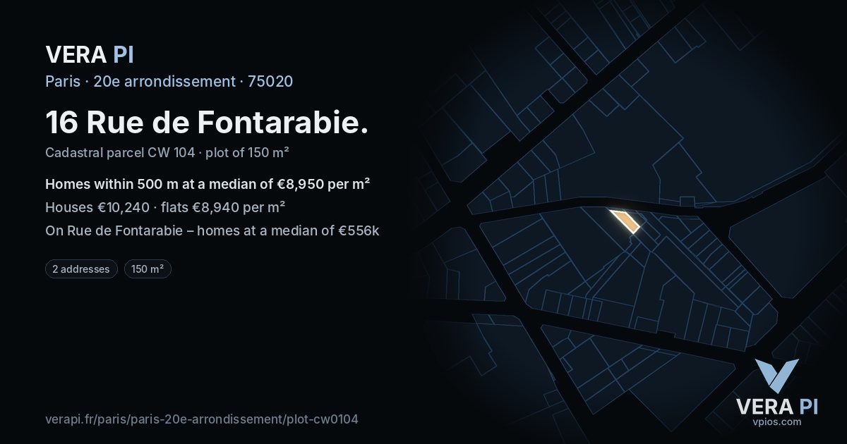 16 Rue de Fontarabie, 20e arrondissement at night – the plot lit, the parcels around coloured by the prices near them