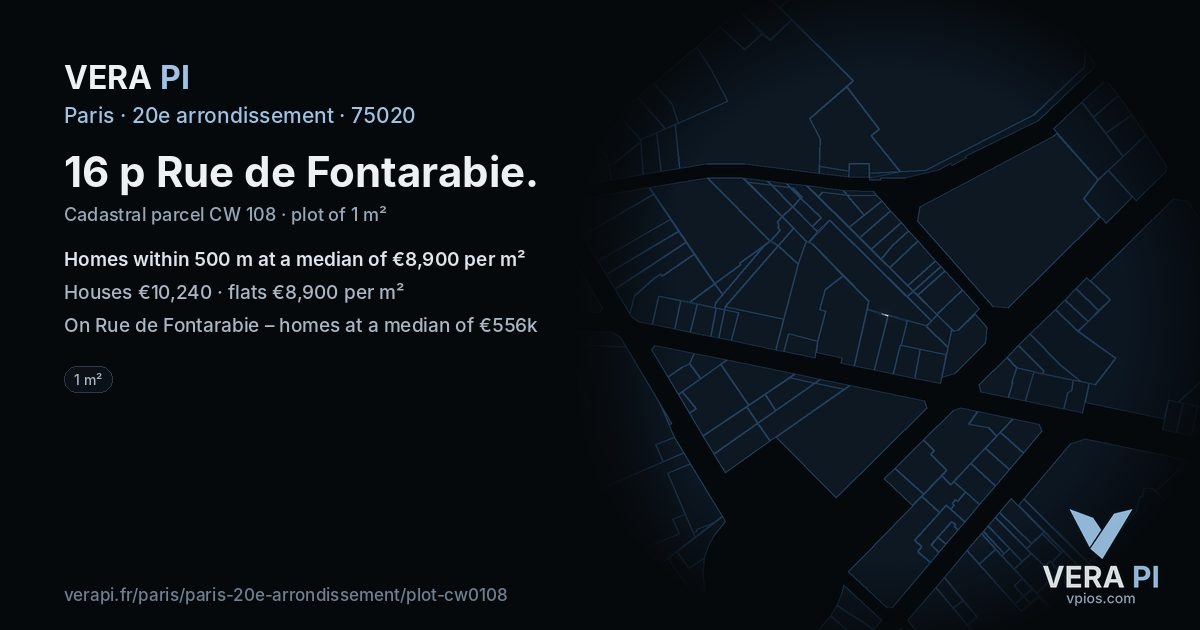 16 p Rue de Fontarabie, 20e arrondissement at night – the plot lit, the parcels around coloured by the prices near them