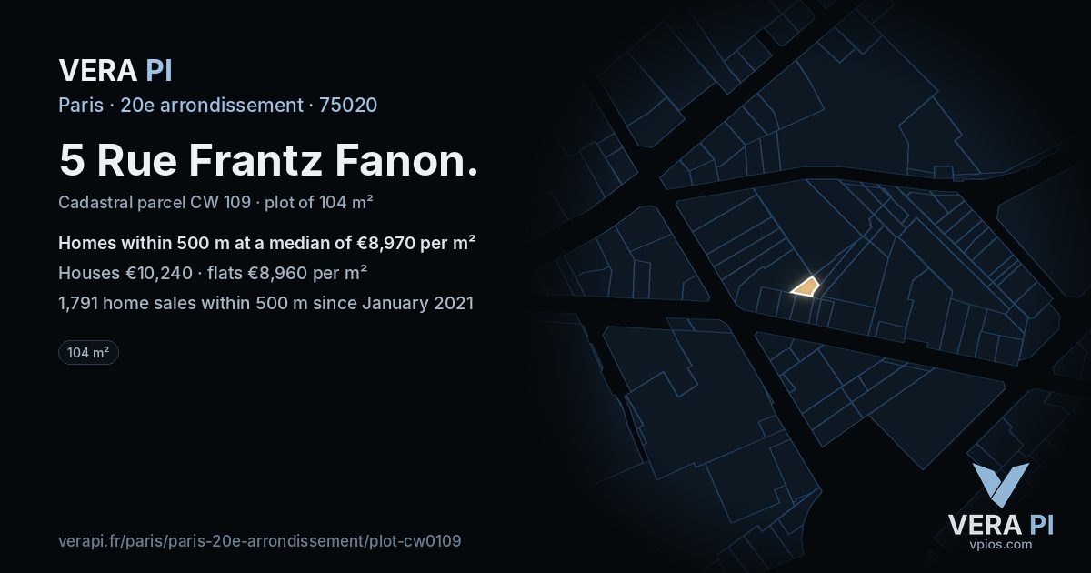 5 Rue Frantz Fanon, 20e arrondissement at night – the plot lit, the parcels around coloured by the prices near them