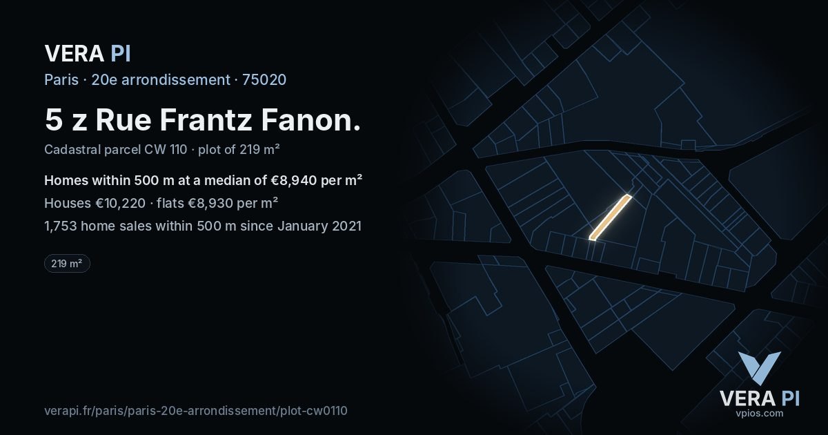 5 z Rue Frantz Fanon, 20e arrondissement at night – the plot lit, the parcels around coloured by the prices near them