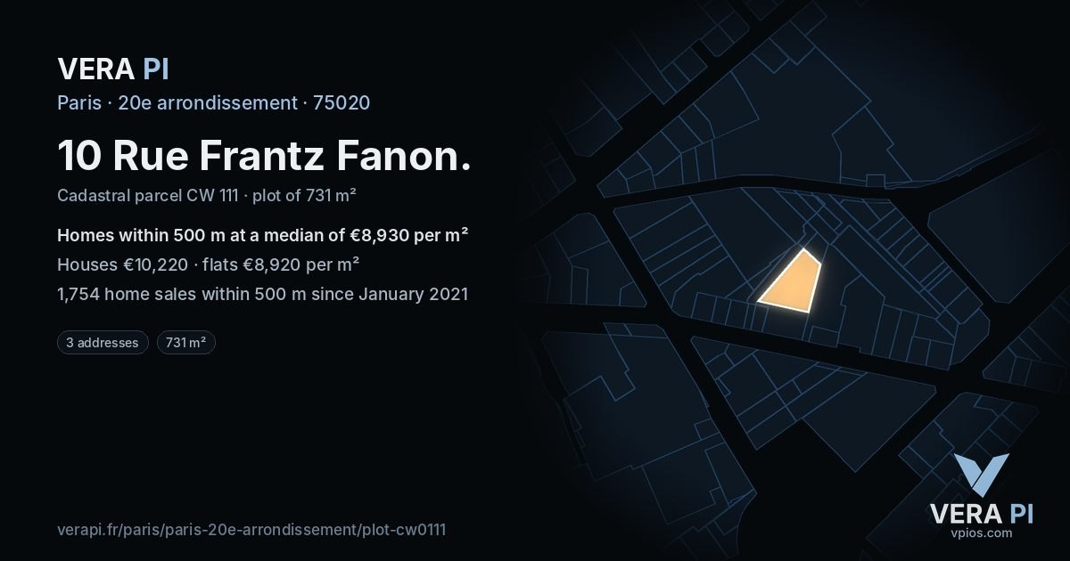10 Rue Frantz Fanon, 20e arrondissement at night – the plot lit, the parcels around coloured by the prices near them