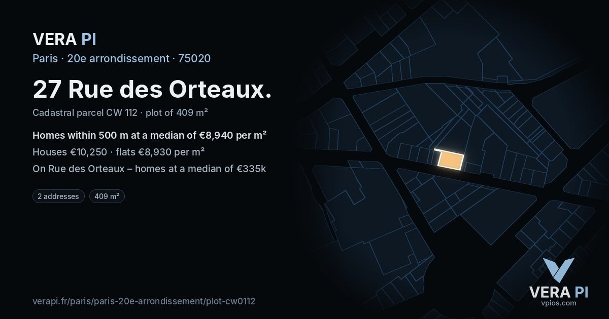 27 Rue des Orteaux, 20e arrondissement at night – the plot lit, the parcels around coloured by the prices near them