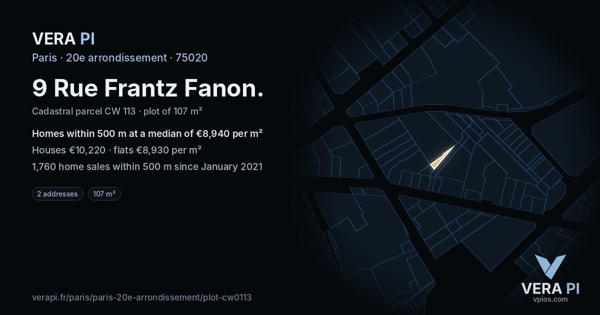 9 Rue Frantz Fanon, 20e arrondissement at night – the plot lit, the parcels around coloured by the prices near them