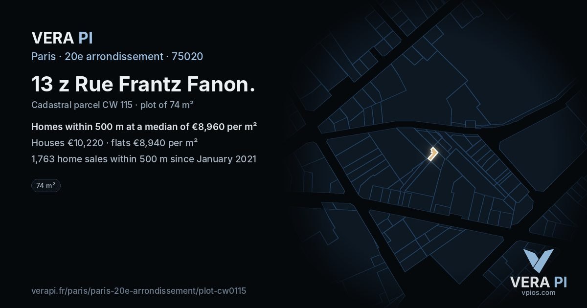 13 z Rue Frantz Fanon, 20e arrondissement at night – the plot lit, the parcels around coloured by the prices near them