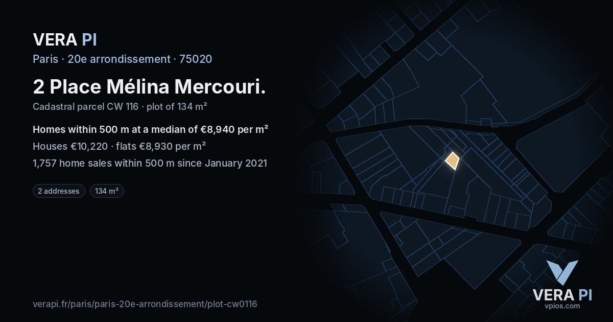 2 Place Mélina Mercouri, 20e arrondissement at night – the plot lit, the parcels around coloured by the prices near them
