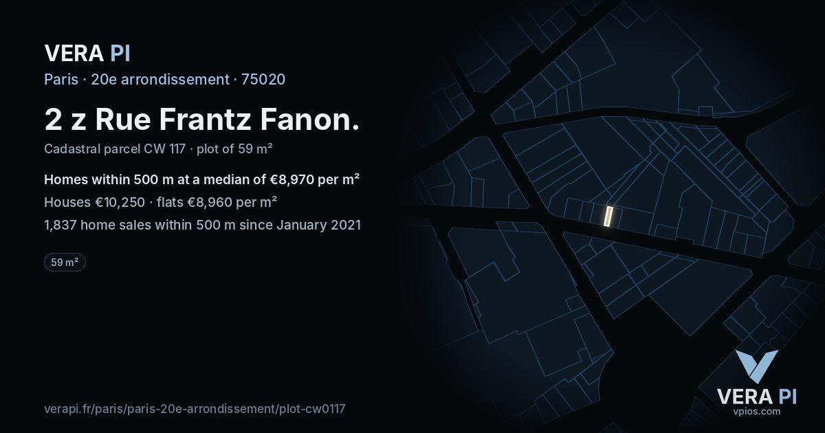 2 z Rue Frantz Fanon, 20e arrondissement at night – the plot lit, the parcels around coloured by the prices near them