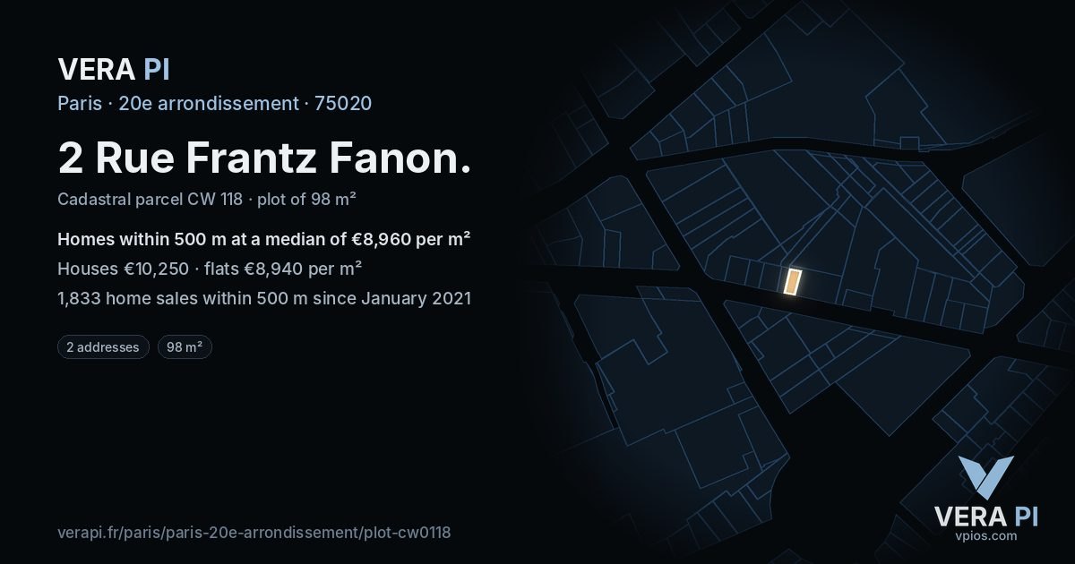 2 Rue Frantz Fanon, 20e arrondissement at night – the plot lit, the parcels around coloured by the prices near them