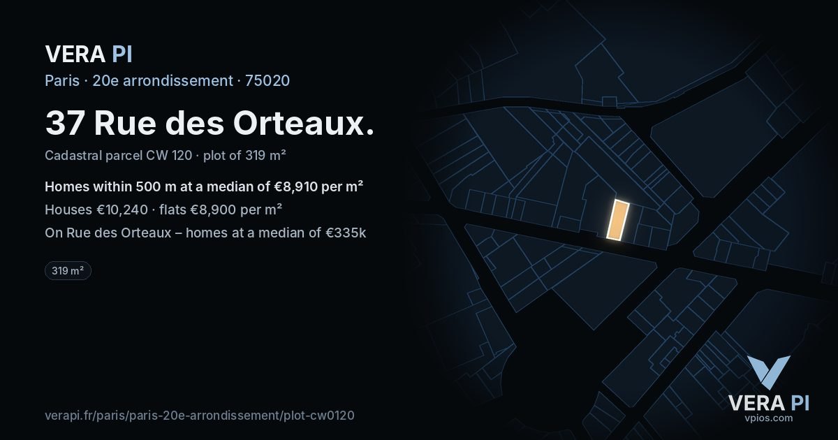 37 Rue des Orteaux, 20e arrondissement at night – the plot lit, the parcels around coloured by the prices near them