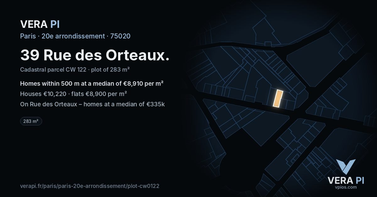 39 Rue des Orteaux, 20e arrondissement at night – the plot lit, the parcels around coloured by the prices near them