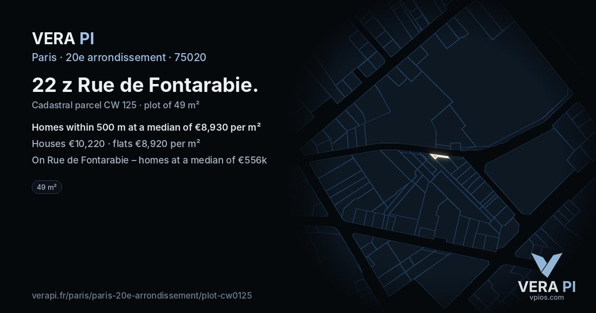 22 z Rue de Fontarabie, 20e arrondissement at night – the plot lit, the parcels around coloured by the prices near them