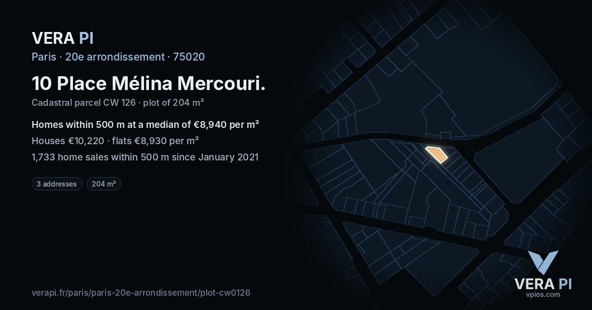 10 Place Mélina Mercouri, 20e arrondissement at night – the plot lit, the parcels around coloured by the prices near them