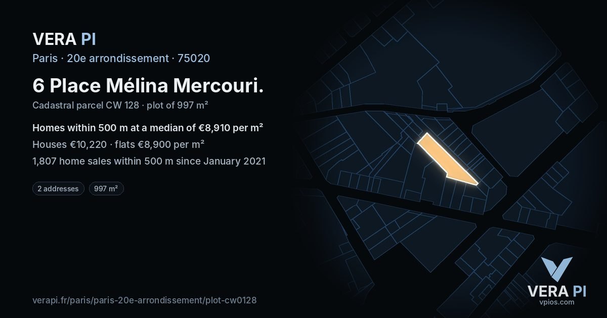 6 Place Mélina Mercouri, 20e arrondissement at night – the plot lit, the parcels around coloured by the prices near them