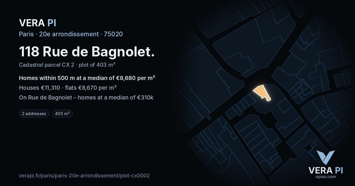 118 Rue de Bagnolet, 20e arrondissement at night – the plot lit, the parcels around coloured by the prices near them