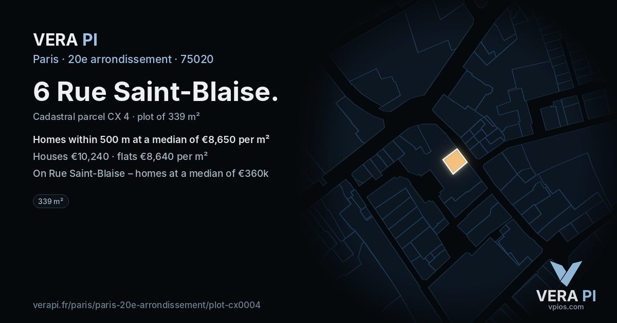 6 Rue Saint-Blaise, 20e arrondissement at night – the plot lit, the parcels around coloured by the prices near them