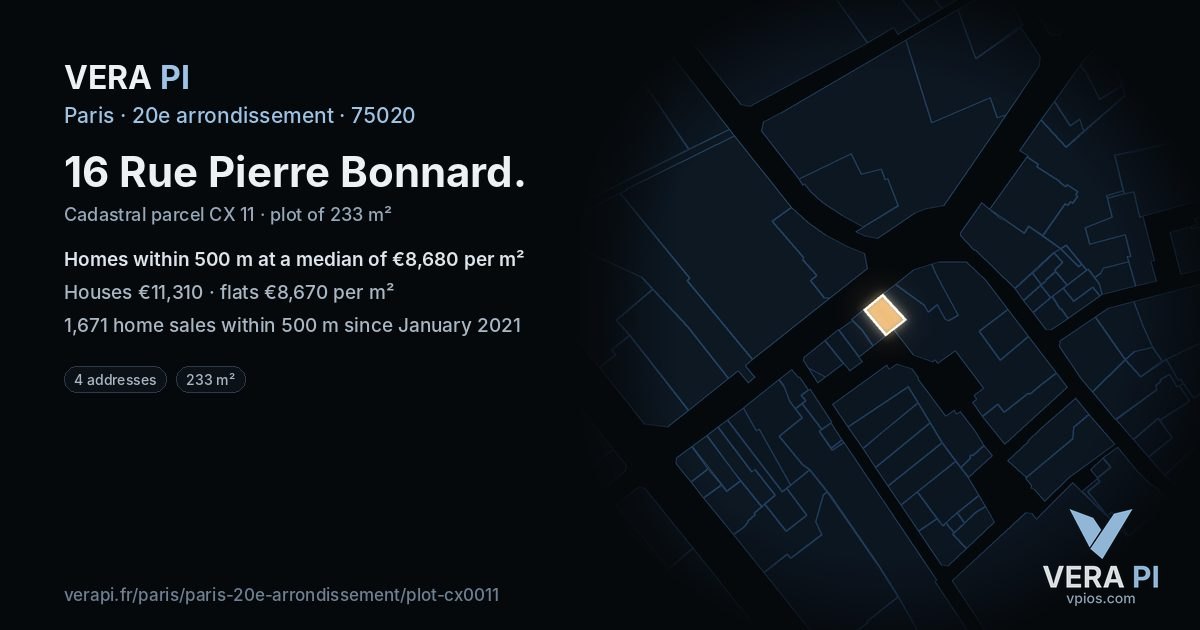16 Rue Pierre Bonnard, 20e arrondissement at night – the plot lit, the parcels around coloured by the prices near them