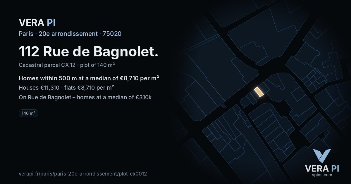 112 Rue de Bagnolet, 20e arrondissement at night – the plot lit, the parcels around coloured by the prices near them
