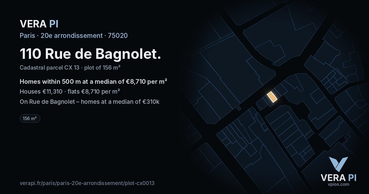 110 Rue de Bagnolet, 20e arrondissement at night – the plot lit, the parcels around coloured by the prices near them