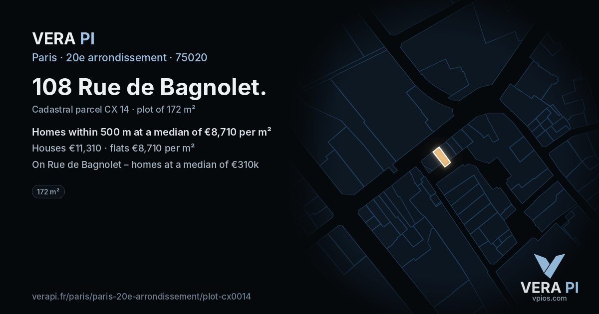 108 Rue de Bagnolet, 20e arrondissement at night – the plot lit, the parcels around coloured by the prices near them