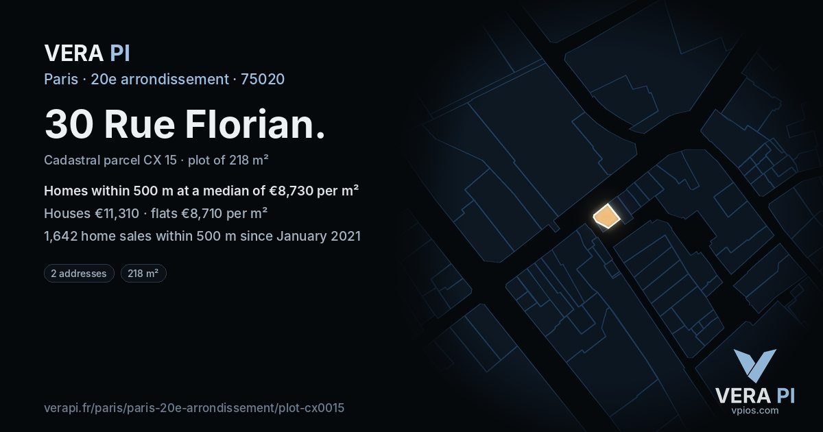 30 Rue Florian, 20e arrondissement at night – the plot lit, the parcels around coloured by the prices near them