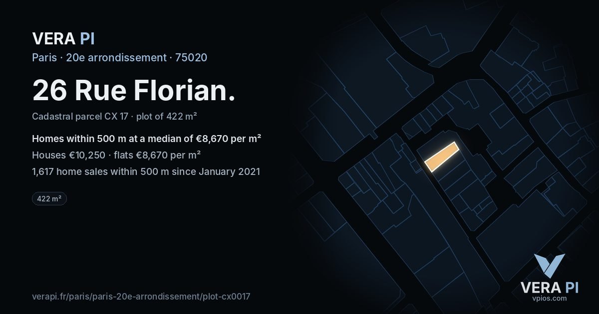 26 Rue Florian, 20e arrondissement at night – the plot lit, the parcels around coloured by the prices near them