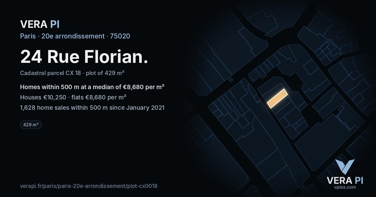 24 Rue Florian, 20e arrondissement at night – the plot lit, the parcels around coloured by the prices near them
