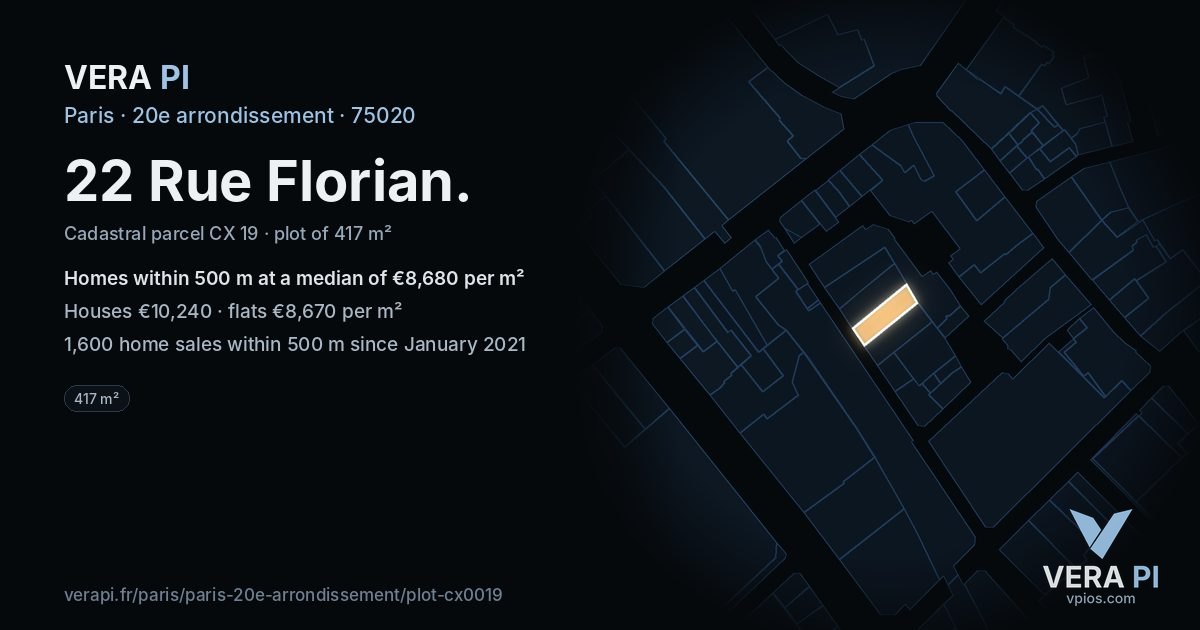 22 Rue Florian, 20e arrondissement at night – the plot lit, the parcels around coloured by the prices near them