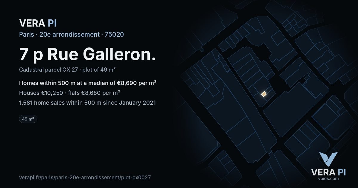 7 p Rue Galleron, 20e arrondissement at night – the plot lit, the parcels around coloured by the prices near them