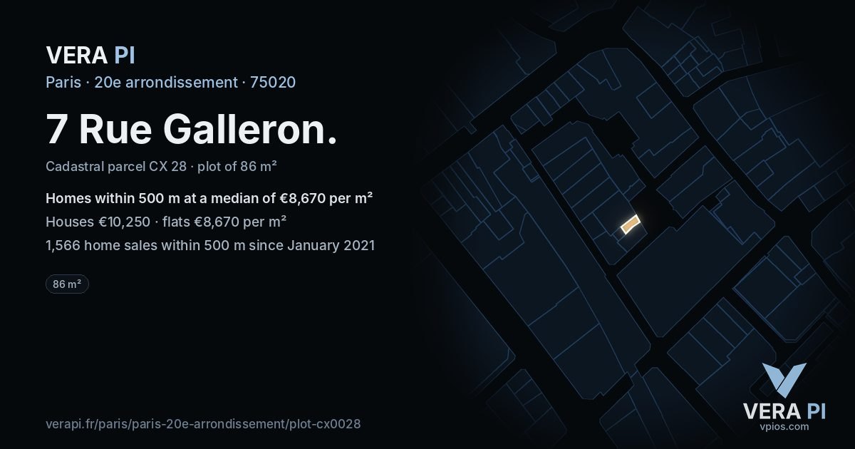 7 Rue Galleron, 20e arrondissement at night – the plot lit, the parcels around coloured by the prices near them