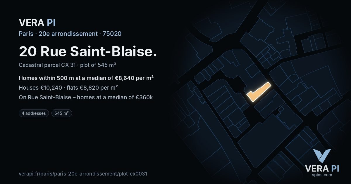 20 Rue Saint-Blaise, 20e arrondissement at night – the plot lit, the parcels around coloured by the prices near them