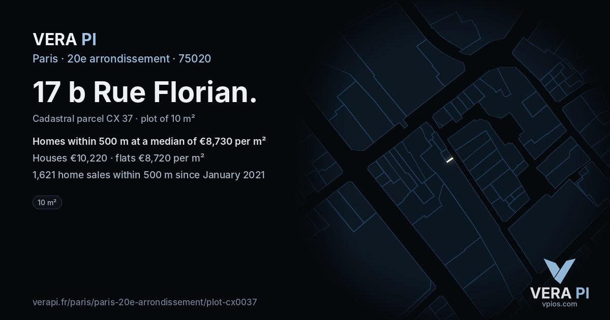 17 b Rue Florian, 20e arrondissement at night – the plot lit, the parcels around coloured by the prices near them