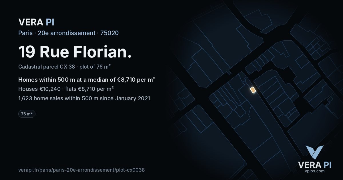 19 Rue Florian, 20e arrondissement at night – the plot lit, the parcels around coloured by the prices near them