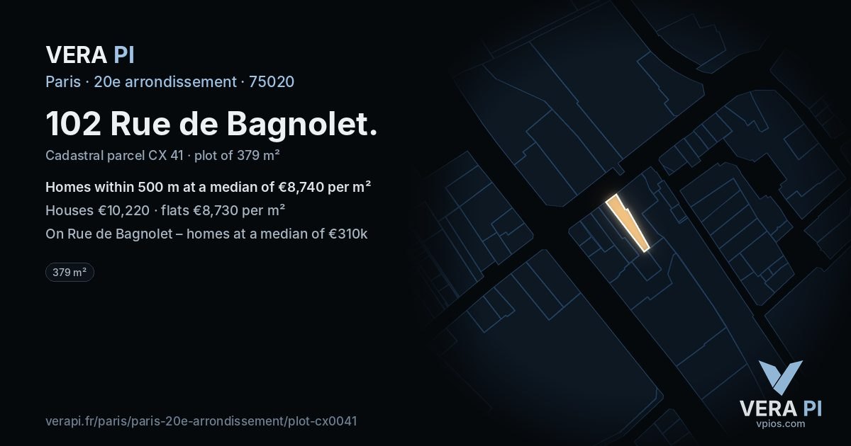 102 Rue de Bagnolet, 20e arrondissement at night – the plot lit, the parcels around coloured by the prices near them