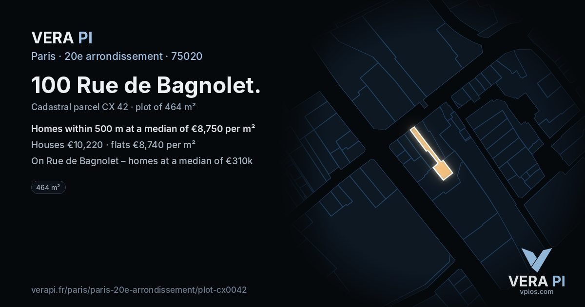 100 Rue de Bagnolet, 20e arrondissement at night – the plot lit, the parcels around coloured by the prices near them
