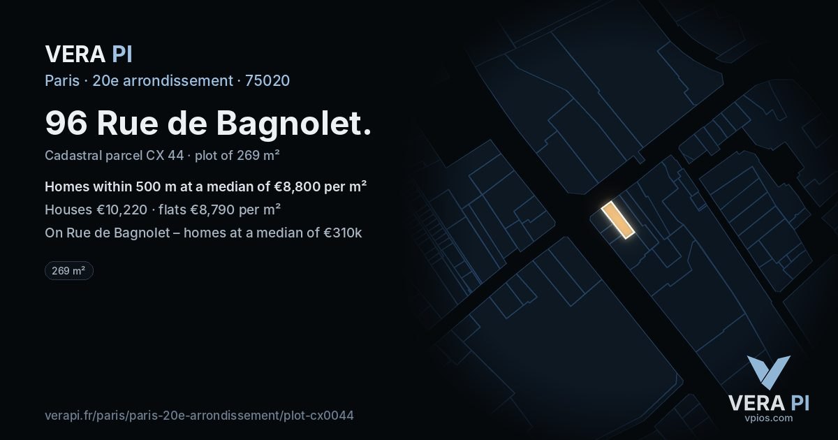 96 Rue de Bagnolet, 20e arrondissement at night – the plot lit, the parcels around coloured by the prices near them