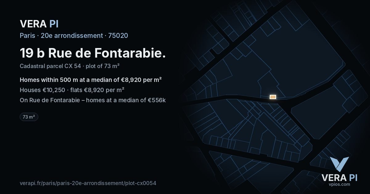 19 b Rue de Fontarabie, 20e arrondissement at night – the plot lit, the parcels around coloured by the prices near them