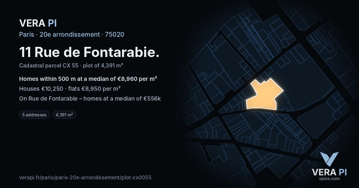 11 Rue de Fontarabie, 20e arrondissement at night – the plot lit, the parcels around coloured by the prices near them