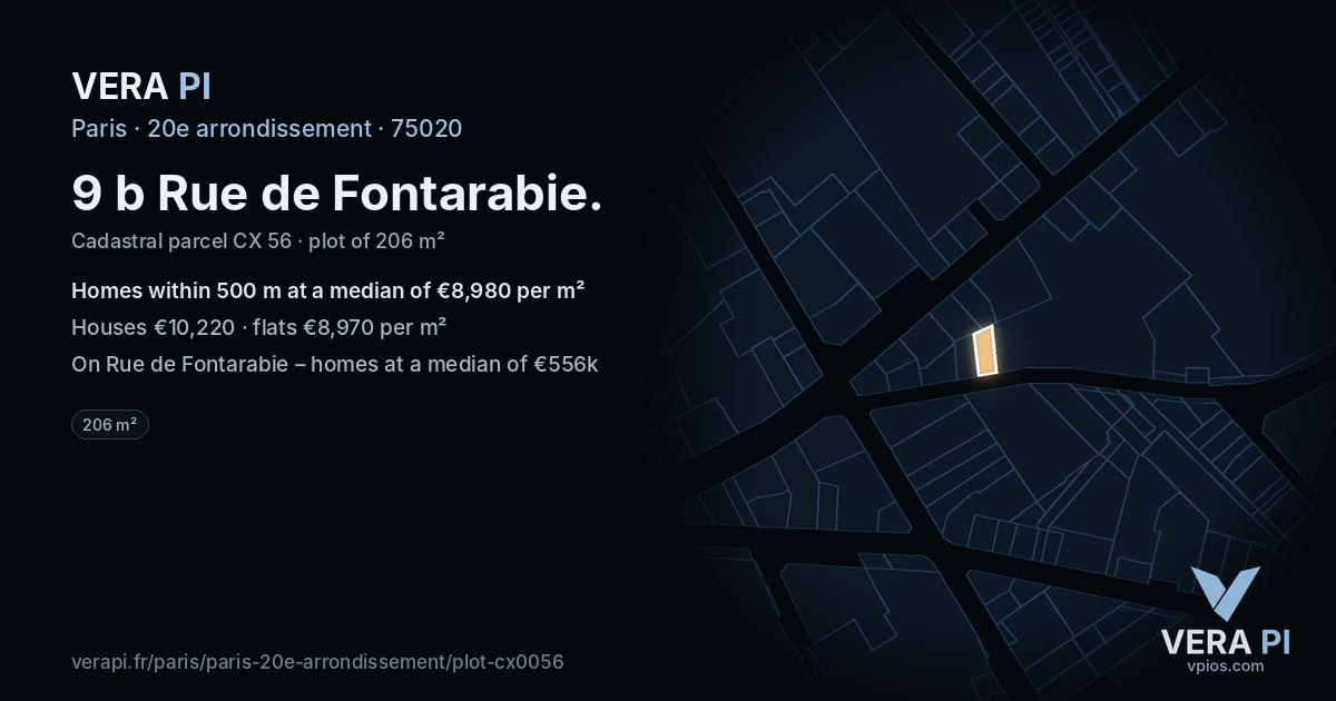 9 b Rue de Fontarabie, 20e arrondissement at night – the plot lit, the parcels around coloured by the prices near them