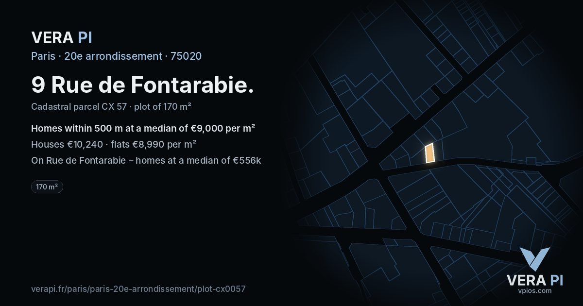9 Rue de Fontarabie, 20e arrondissement at night – the plot lit, the parcels around coloured by the prices near them