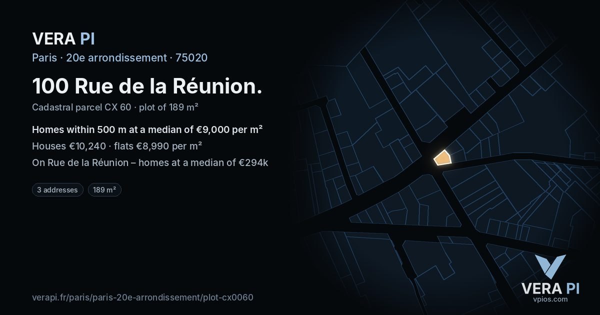 100 Rue de la Réunion, 20e arrondissement at night – the plot lit, the parcels around coloured by the prices near them