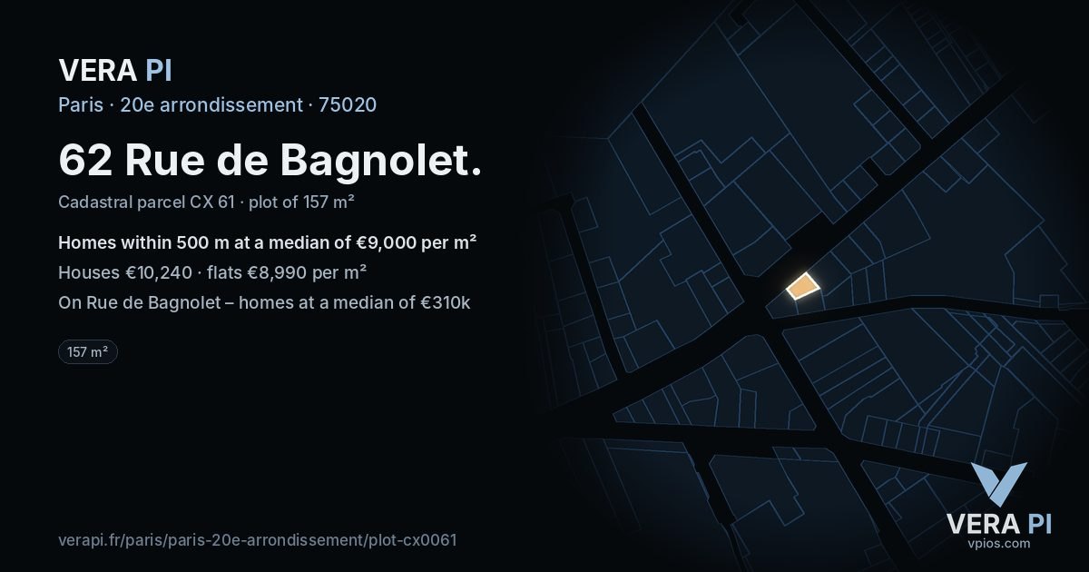 62 Rue de Bagnolet, 20e arrondissement at night – the plot lit, the parcels around coloured by the prices near them
