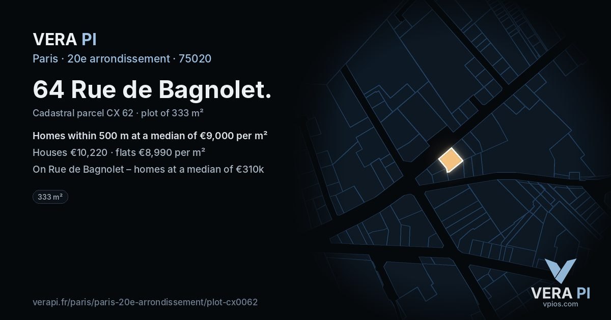64 Rue de Bagnolet, 20e arrondissement at night – the plot lit, the parcels around coloured by the prices near them